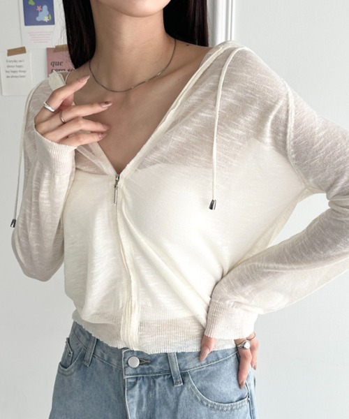 wears（ウェアーズ）の「フード付きシアージップパーカー（Tシャツ/カットソー・レディース・グレー/ブラック/ホワイト/サックスブルー・FREE）」の2枚目の写真