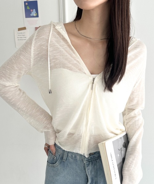 wears（ウェアーズ）の「フード付きシアージップパーカー（Tシャツ/カットソー・レディース・グレー/ブラック/ホワイト/サックスブルー・FREE）」の7枚目の写真