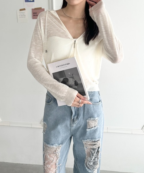 wears（ウェアーズ）の「フード付きシアージップパーカー（Tシャツ/カットソー・レディース・グレー/ブラック/ホワイト/サックスブルー・FREE）」の8枚目の写真