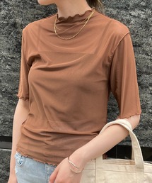 Flowering Korea（フラワーリングコリア）の「シアーハイネック メッシュ半袖トップス（Tシャツ/カットソー）」