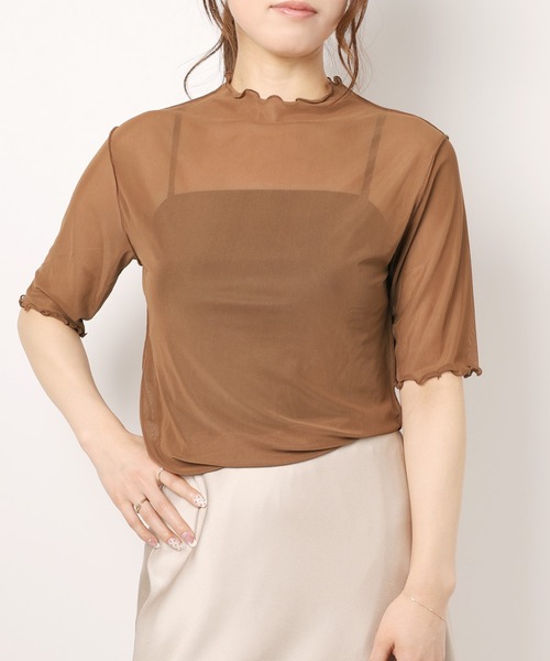 Flowering Korea(フラワーリングコリア)の「シアーハイネック メッシュ半袖トップス(Tシャツ/カットソー・レディース・ミント/ブラウン/イエロー/アイボリー/ブラック/グレー/ホワイト/グリーン・FREE)」の5枚目の写真