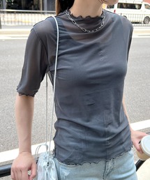 Flowering Korea（フラワーリングコリア）の「シアーハイネック　メッシュ半袖トップス（Tシャツ/カットソー）」