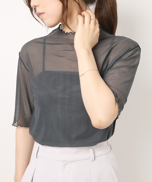 セール】シアーハイネック メッシュ半袖トップス（Tシャツ/カットソー