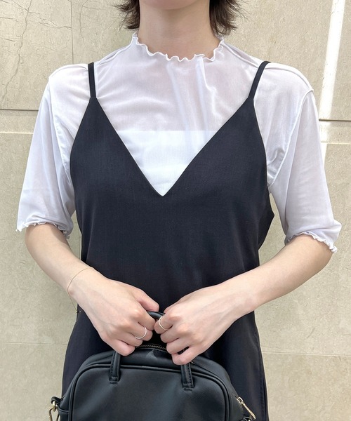 セール】シアーハイネック メッシュ半袖トップス（Tシャツ/カットソー