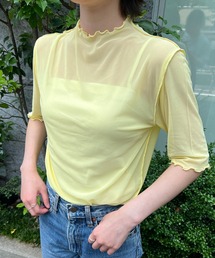 Flowering Korea（フラワーリングコリア）の「シアーハイネック　メッシュ半袖トップス（Tシャツ/カットソー）」
