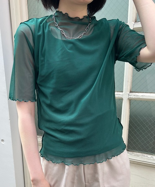 Flowering Korea(フラワーリングコリア)の「シアーハイネック メッシュ半袖トップス(Tシャツ/カットソー・レディース・ミント/ブラウン/イエロー/アイボリー/ブラック/グレー/ホワイト/グリーン・FREE)」の6枚目の写真