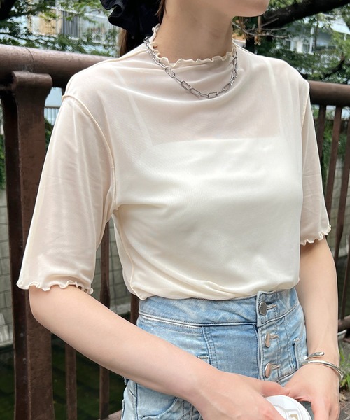 タイムSALEです　★新品未使用　Cygne シアー ハイネック 半袖 トップス セール】シアーハイネック メッシュ半袖トップス（Tシャツ/カットソー