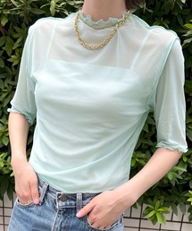 Flowering Korea（フラワーリングコリア）の「シアーハイネック　メッシュ半袖トップス（Tシャツ/カットソー）」