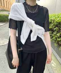 Flowering Korea（フラワーリングコリア）の「シアーハイネック　メッシュ半袖トップス（Tシャツ/カットソー）」