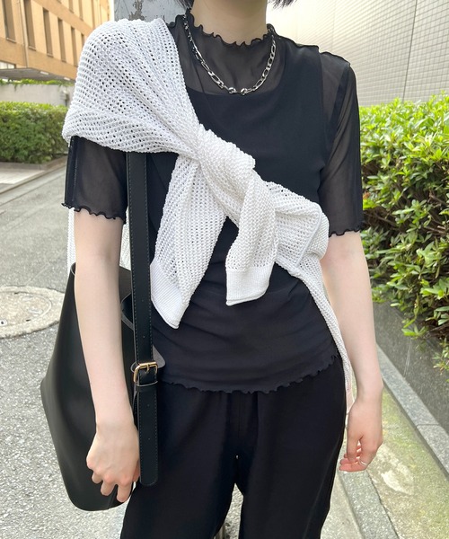 セール】シアーハイネック メッシュ半袖トップス（Tシャツ/カットソー