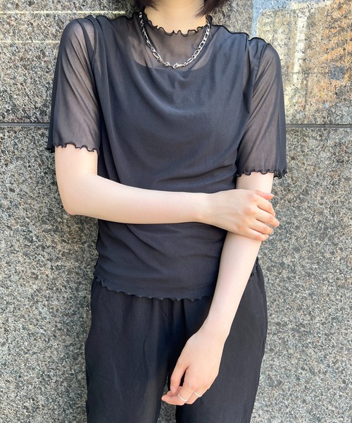 Flowering Korea(フラワーリングコリア)の「シアーハイネック メッシュ半袖トップス(Tシャツ/カットソー・レディース・ミント/ブラウン/イエロー/アイボリー/ブラック/グレー/ホワイト/グリーン・FREE)」の18枚目の写真