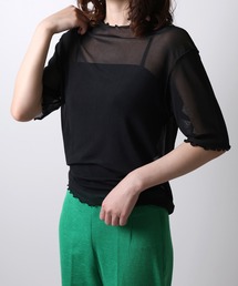 Flowering Korea（フラワーリングコリア）の「シアーハイネック　メッシュ半袖トップス（Tシャツ/カットソー）」
