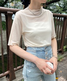 Flowering Korea（フラワーリングコリア）の「シアーハイネック　メッシュ半袖トップス（Tシャツ/カットソー）」
