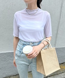 Flowering Korea（フラワーリングコリア）の「シアーハイネック　メッシュ半袖トップス（Tシャツ/カットソー）」