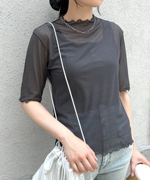 Flowering Korea（フラワーリングコリア）の「シアーハイネック　メッシュ半袖トップス（Tシャツ/カットソー）」