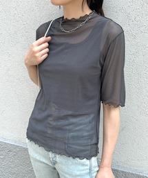 Flowering Korea（フラワーリングコリア）の「シアーハイネック メッシュ半袖トップス（Tシャツ/カットソー）」