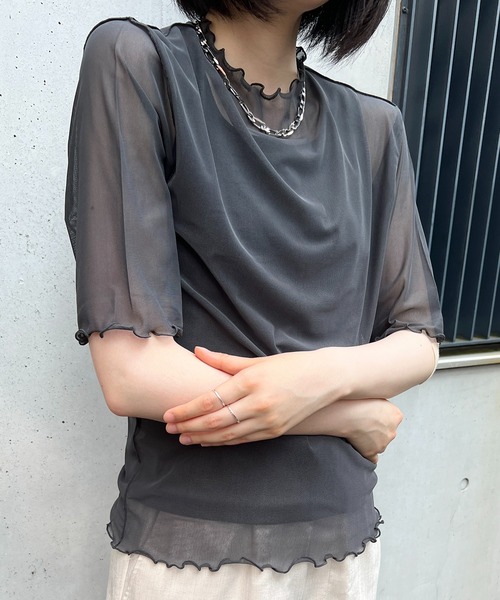 Flowering Korea(フラワーリングコリア)の「シアーハイネック メッシュ半袖トップス(Tシャツ/カットソー・レディース・ミント/ブラウン/イエロー/アイボリー/ブラック/グレー/ホワイト/グリーン・FREE)」の14枚目の写真