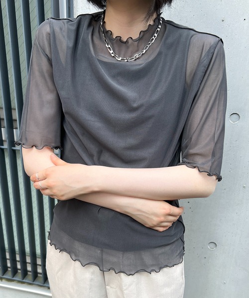 Flowering Korea(フラワーリングコリア)の「シアーハイネック メッシュ半袖トップス(Tシャツ/カットソー・レディース・ミント/ブラウン/イエロー/アイボリー/ブラック/グレー/ホワイト/グリーン・FREE)」の15枚目の写真