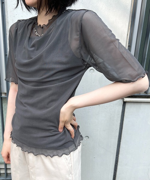 Flowering Korea(フラワーリングコリア)の「シアーハイネック メッシュ半袖トップス(Tシャツ/カットソー・レディース・ミント/ブラウン/イエロー/アイボリー/ブラック/グレー/ホワイト/グリーン・FREE)」の16枚目の写真
