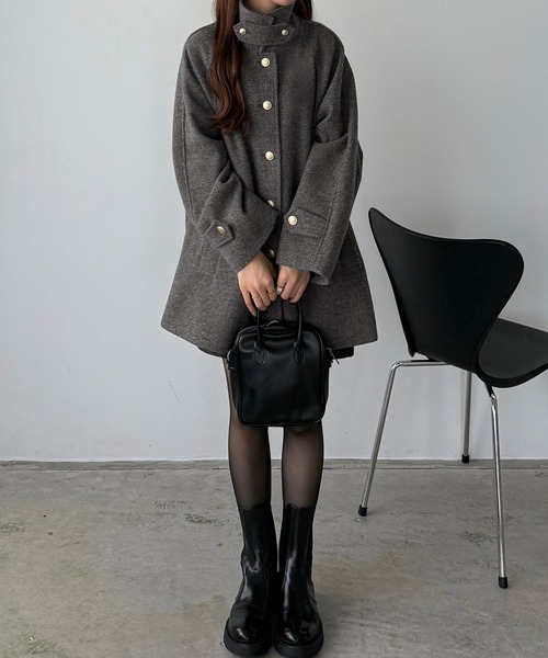 callautia（カラウティア）の「ゴールドボタンミドルコート（ステンカラーコート・レディース・ダークグレー/ブラウン/ブラック/アイボリー/カーキ・X-LARGE/SMALL/MEDIUM/LARGE）」の7枚目の写真