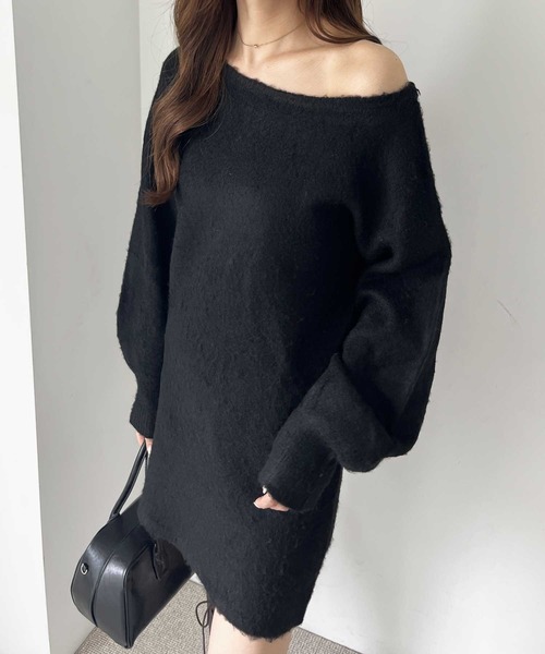 nelliy.（ネルリー）の「シャギーオフショルミニ丈ニットワンピース（ワンピース・レディース・グレー/ブラック・MEDIUM/LARGE）」の4枚目の写真