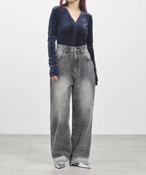 louren（ローレン ）の「【louren/ローレン】bleach hem denim/ブリーチヘムデニム/ワイドデニムパンツ（デニムパンツ・レディース・インディゴブルー/ブラック・36/38）」の3枚目の写真