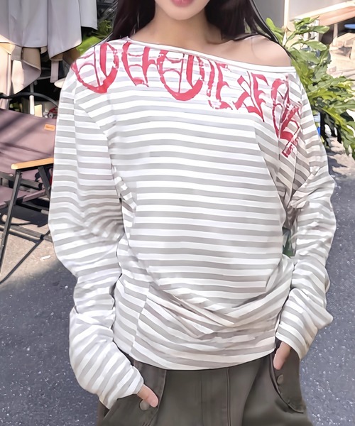 .KOM(ドットコム)の「A'GEM/9 × .kom 『.KOM/ドットケーオーエム』Y2KグランジボーダーオフショルロンTEE(Tシャツ/カットソー・レディース・グレー/ブラック・M)」の5枚目の写真