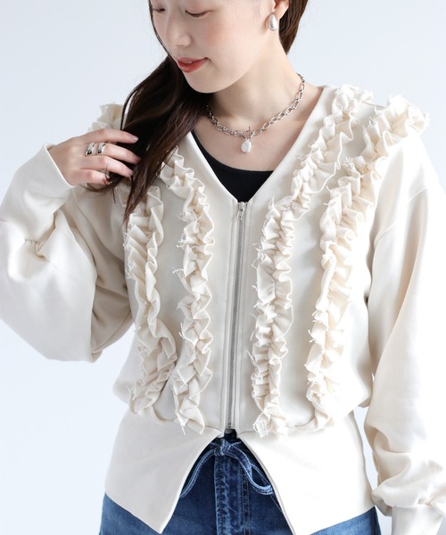 cepo（セポ）の「フリルVネックジップカーディガン（カーディガン/ボレロ・レディース・杢グレー/アイボリー・FREE）」の2枚目の写真