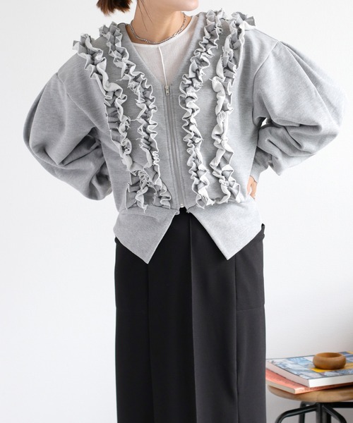 cepo（セポ）の「フリルVネックジップカーディガン（カーディガン/ボレロ・レディース・杢グレー/アイボリー・FREE）」の5枚目の写真