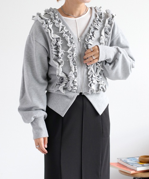 cepo（セポ）の「フリルVネックジップカーディガン（カーディガン/ボレロ・レディース・杢グレー/アイボリー・FREE）」の10枚目の写真