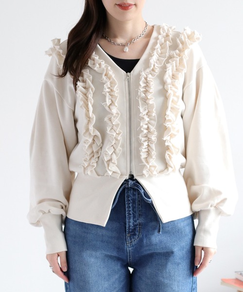 cepo（セポ）の「フリルVネックジップカーディガン（カーディガン/ボレロ・レディース・杢グレー/アイボリー・FREE）」の13枚目の写真