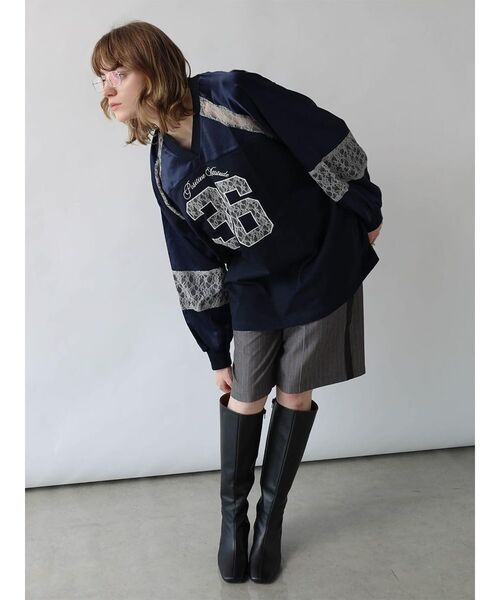 :ETHROF(イーサオブ)の「SATIN×LACE NUMBERNG LONG SLEEVE GAME SHIRT(Tシャツ/カットソー・レディース・ブラック/ネイビー・FREE)」の3枚目の写真