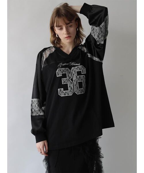 :ETHROF(イーサオブ)の「SATIN×LACE NUMBERNG LONG SLEEVE GAME SHIRT(Tシャツ/カットソー・レディース・ブラック/ネイビー・FREE)」の4枚目の写真