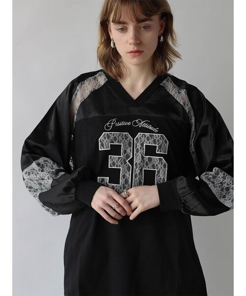 :ETHROF(イーサオブ)の「SATIN×LACE NUMBERNG LONG SLEEVE GAME SHIRT(Tシャツ/カットソー・レディース・ブラック/ネイビー・FREE)」の5枚目の写真