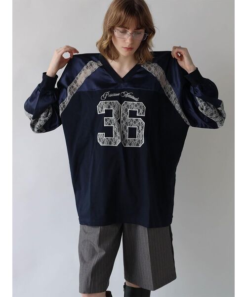 :ETHROF(イーサオブ)の「SATIN×LACE NUMBERNG LONG SLEEVE GAME SHIRT(Tシャツ/カットソー・レディース・ブラック/ネイビー・FREE)」の6枚目の写真