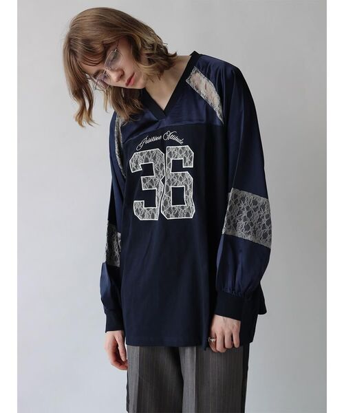 :ETHROF(イーサオブ)の「SATIN×LACE NUMBERNG LONG SLEEVE GAME SHIRT(Tシャツ/カットソー・レディース・ブラック/ネイビー・FREE)」の7枚目の写真