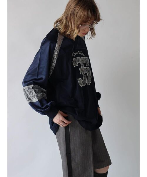 :ETHROF(イーサオブ)の「SATIN×LACE NUMBERNG LONG SLEEVE GAME SHIRT(Tシャツ/カットソー・レディース・ブラック/ネイビー・FREE)」の8枚目の写真