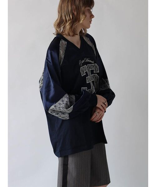 :ETHROF(イーサオブ)の「SATIN×LACE NUMBERNG LONG SLEEVE GAME SHIRT(Tシャツ/カットソー・レディース・ブラック/ネイビー・FREE)」の9枚目の写真