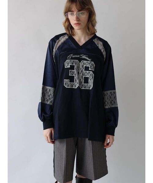 :ETHROF(イーサオブ)の「SATIN×LACE NUMBERNG LONG SLEEVE GAME SHIRT(Tシャツ/カットソー・レディース・ブラック/ネイビー・FREE)」の1枚目の写真