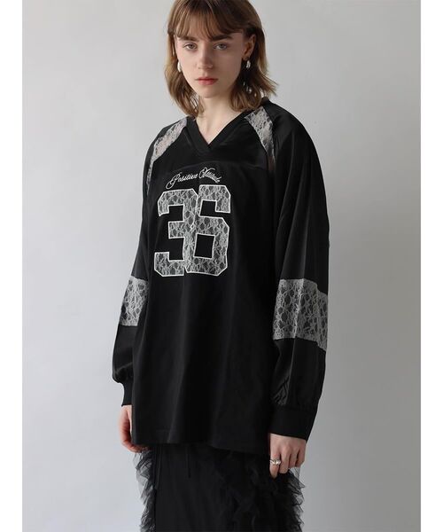:ETHROF(イーサオブ)の「SATIN×LACE NUMBERNG LONG SLEEVE GAME SHIRT(Tシャツ/カットソー・レディース・ブラック/ネイビー・FREE)」の2枚目の写真