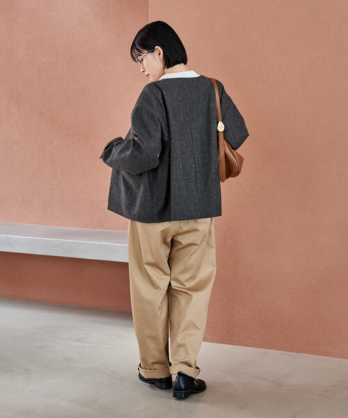 FREAK'S STORE（フリークスストア）の「English Wool ノーカラージャケット/イングリッシュウール（ブルゾン・レディース・オリーブ/ブラウン・ﾌﾘ-）」の9枚目の写真