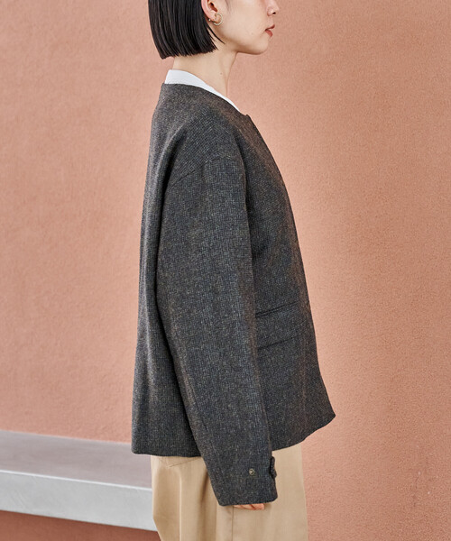 FREAK'S STORE（フリークスストア）の「English Wool ノーカラージャケット/イングリッシュウール（ブルゾン・レディース・オリーブ/ブラウン・ﾌﾘ-）」の13枚目の写真