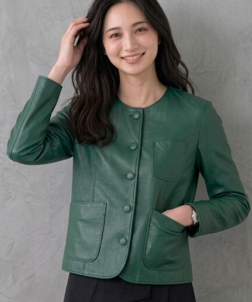 Lana821(ラナハニー)の「PUレザー ノーカラージャケット(ノーカラージャケット・レディース・モカ/グリーン/ブラック・S/M)」の3枚目の写真