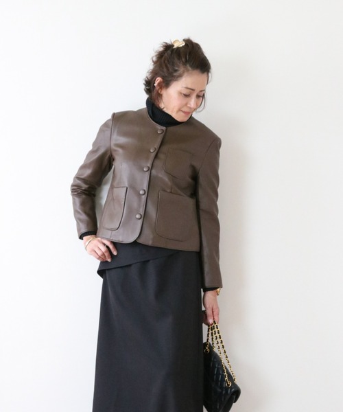 Lana821(ラナハニー)の「PUレザー ノーカラージャケット(ノーカラージャケット・レディース・モカ/グリーン/ブラック・S/M)」の8枚目の写真