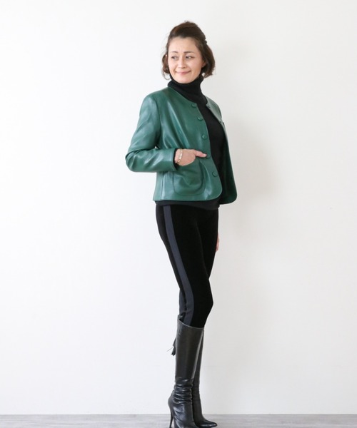 Lana821(ラナハニー)の「PUレザー ノーカラージャケット(ノーカラージャケット・レディース・モカ/グリーン/ブラック・S/M)」の14枚目の写真