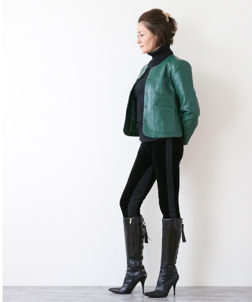 Lana821(ラナハニー)の「PUレザー ノーカラージャケット(ノーカラージャケット・レディース・モカ/グリーン/ブラック・S/M)」の16枚目の写真