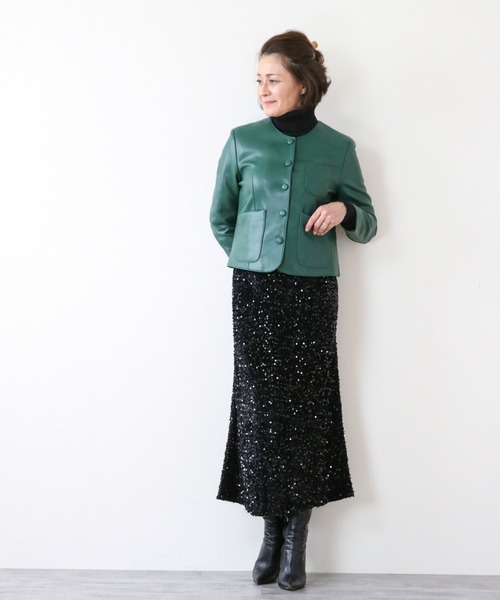 Lana821(ラナハニー)の「PUレザー ノーカラージャケット(ノーカラージャケット・レディース・モカ/グリーン/ブラック・S/M)」の20枚目の写真
