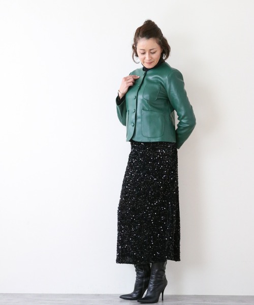 Lana821(ラナハニー)の「PUレザー ノーカラージャケット(ノーカラージャケット・レディース・モカ/グリーン/ブラック・S/M)」の21枚目の写真