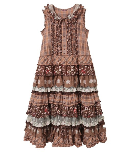 ローズレース使いミックスパッチワークワンピース（ワンピース）｜PINK