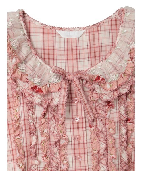 ローズレース使いミックスパッチワークワンピース（ワンピース）｜PINK